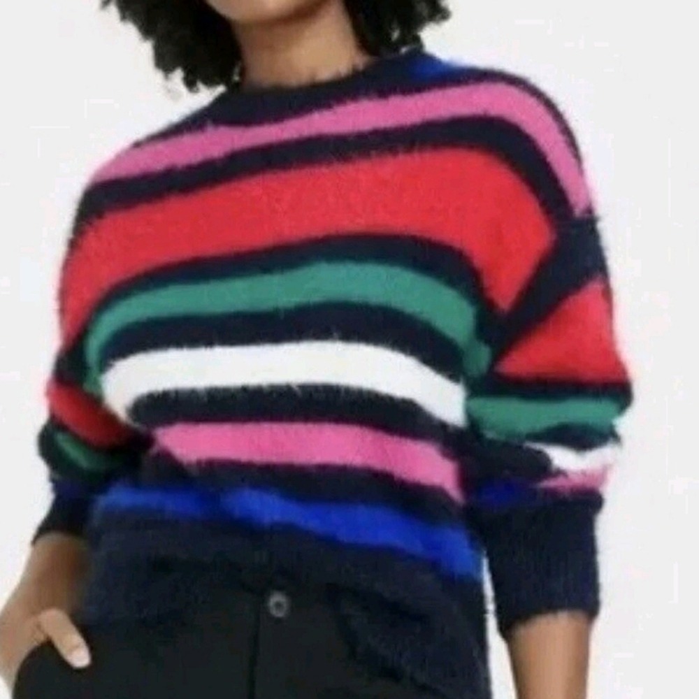 A New Day Sweater Fuzzy‎ Pullover Wide Striped Colorful Crewneck Sz M